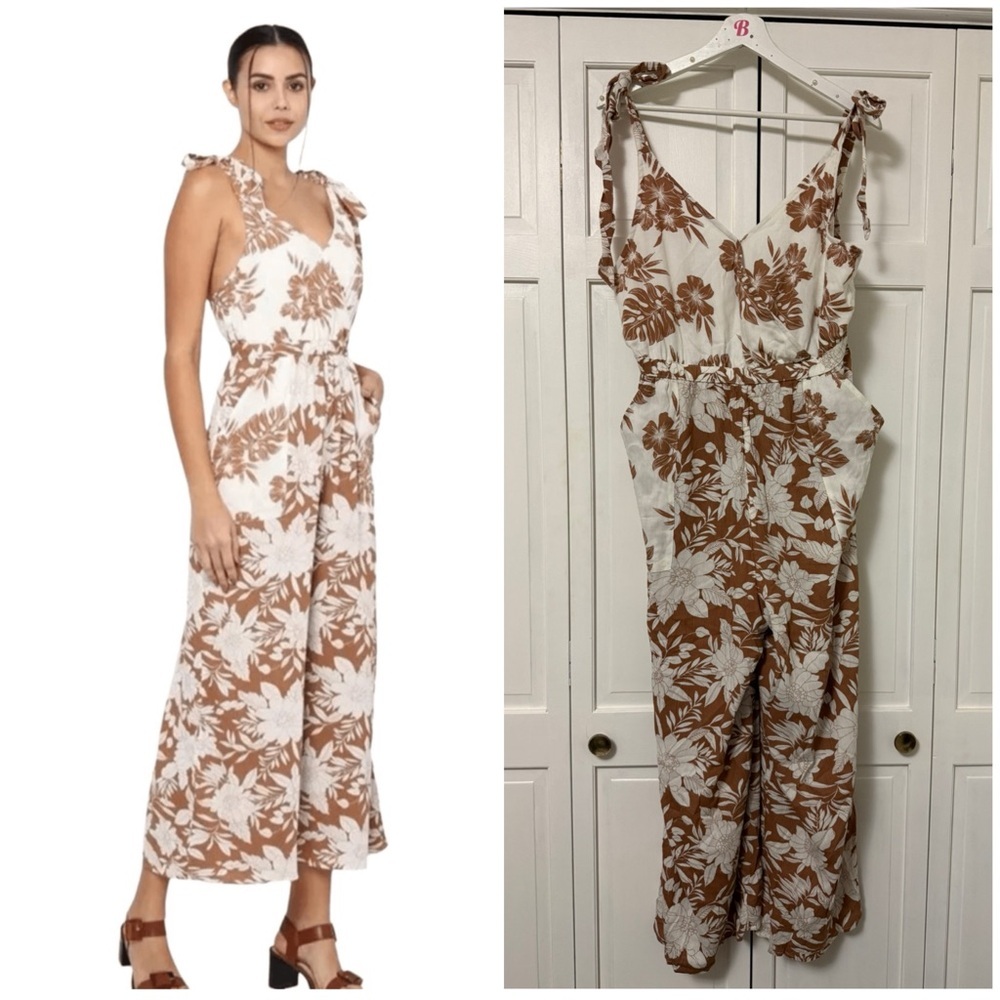 American Eagle Brown & White Floral Tie-Shoulder Jumpsuit Beach Resortwear Large